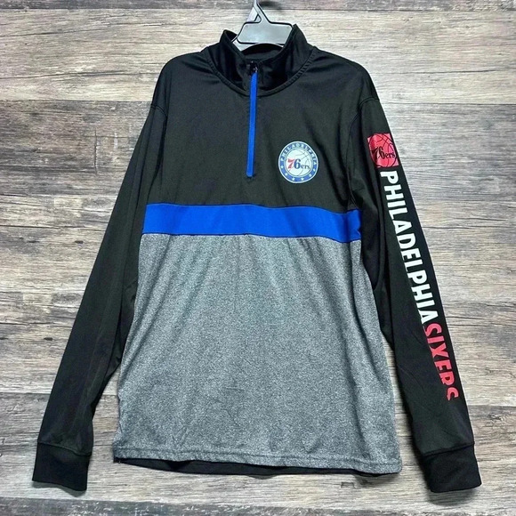 NBA Philadelphia 76ers Long Sleeve Tee Black and Gray Half Zip - Picture 1 of 6
